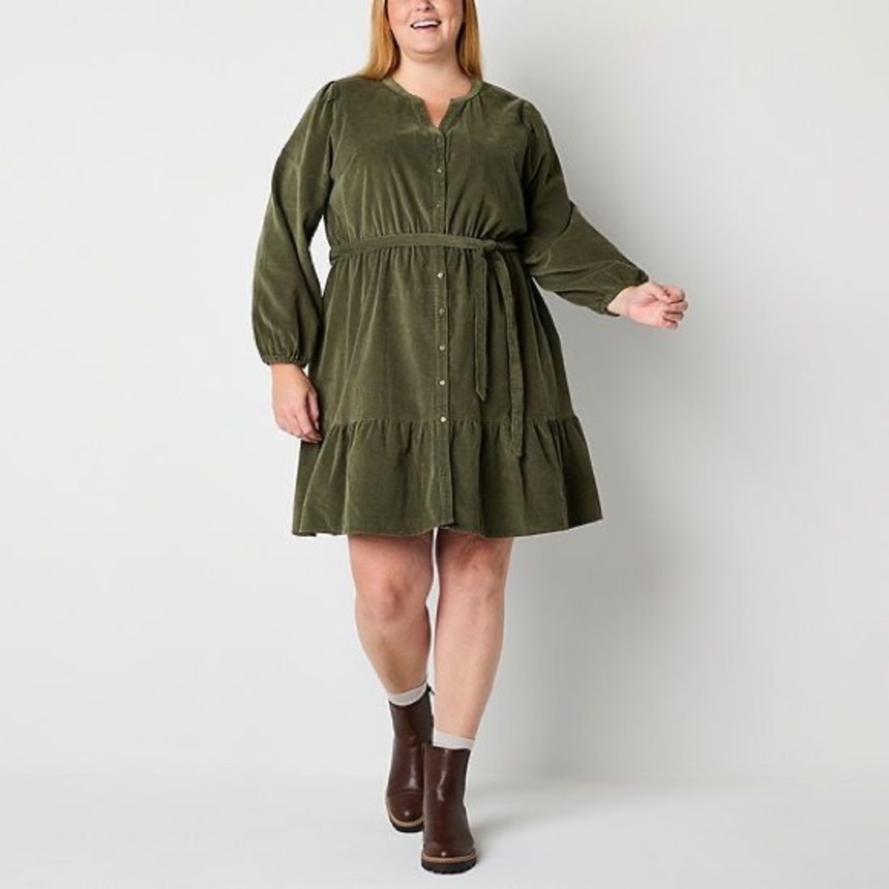 St. John's Bay Corduroy Long Sleeve Button Down Dress in Oregano Size 0X NEW